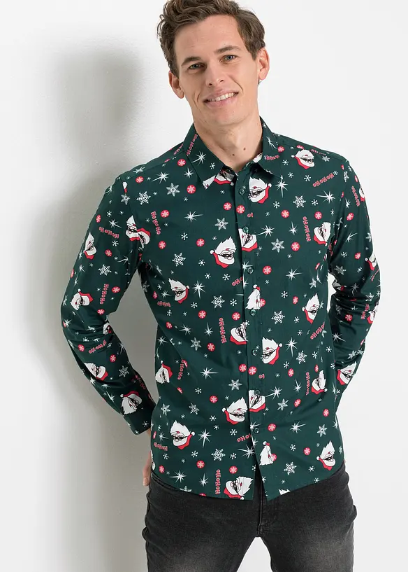 Langarmhemd mit Weihnachts-Druck aus reiner Baumwolle, Slim Fit in grün von vorne (im Anschnitt) - bonprix