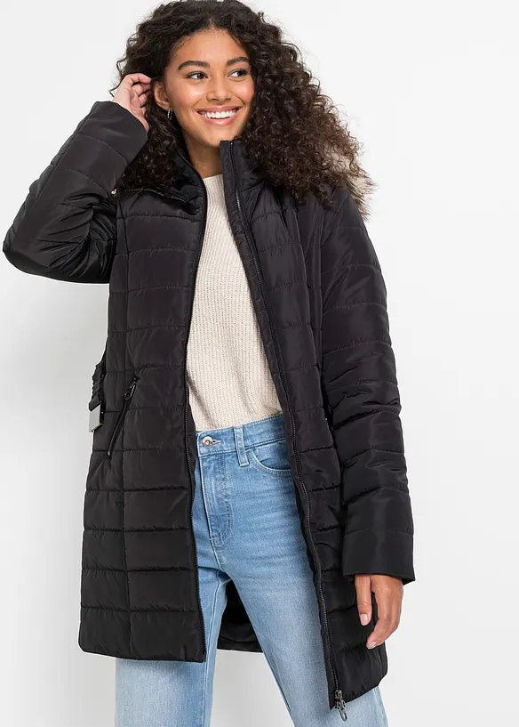 Steppjacke mit Gürtel in schwarz von vorne (im Anschnitt) - bonprix