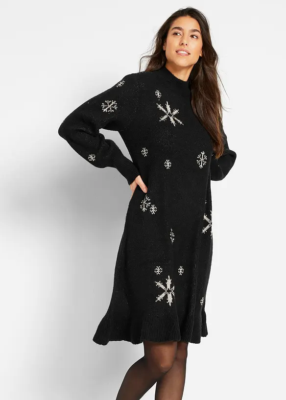 Strickkleid mit Schneeflocken-Print in schwarz von vorne (Totalaufnahme) - bonprix
