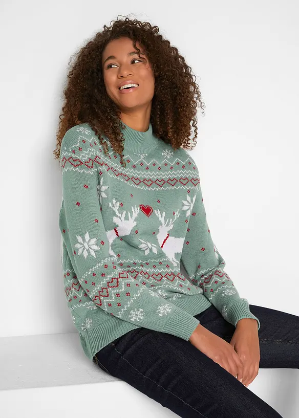 Norweger-Pullover mit Turtleneck in grün von vorne (im Anschnitt) - bonprix Norweger-Pullover mit Turtleneck in grün von vorne (im Anschnitt) - bonprix