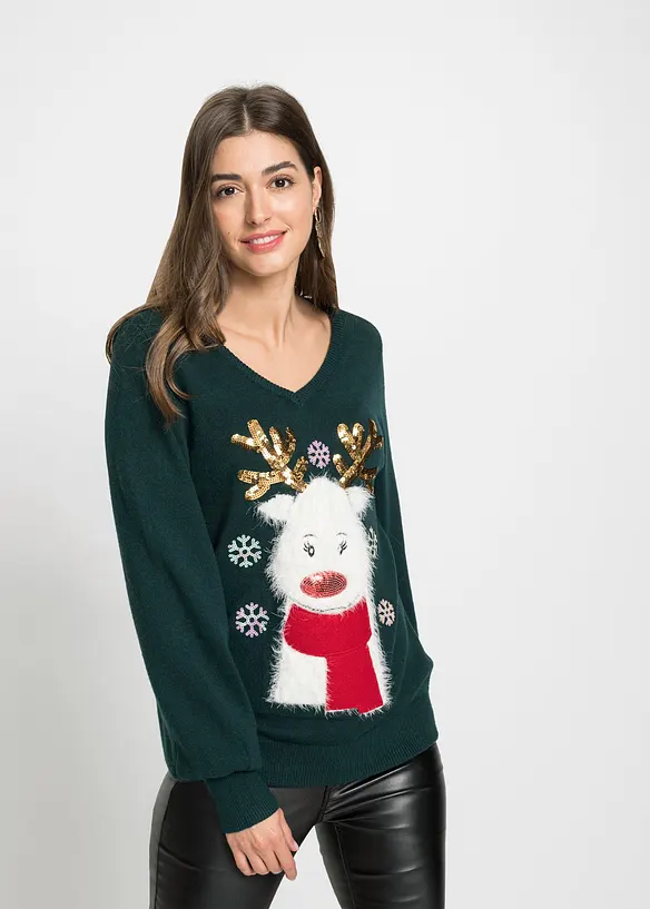 Weihnachts-Pullover in grün von vorne (im Anschnitt) - bonprix