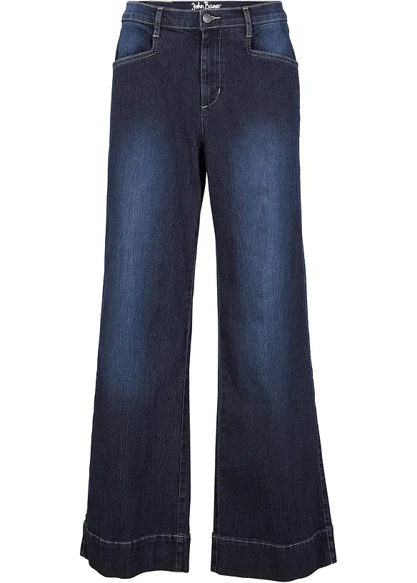 Wide Leg Jeans Mid Waist, Stretch in blau von vorne - bonprix