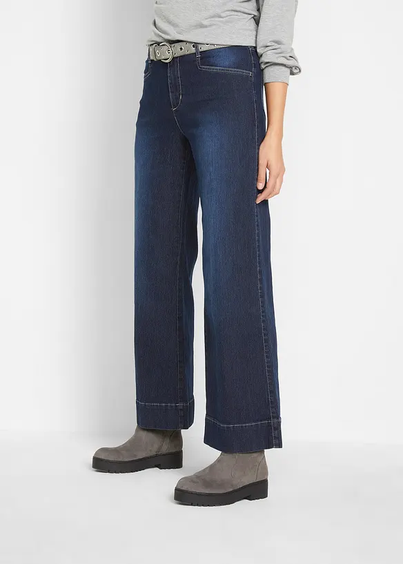 Wide Leg Jeans Mid Waist, Stretch in blau von vorne - bonprix