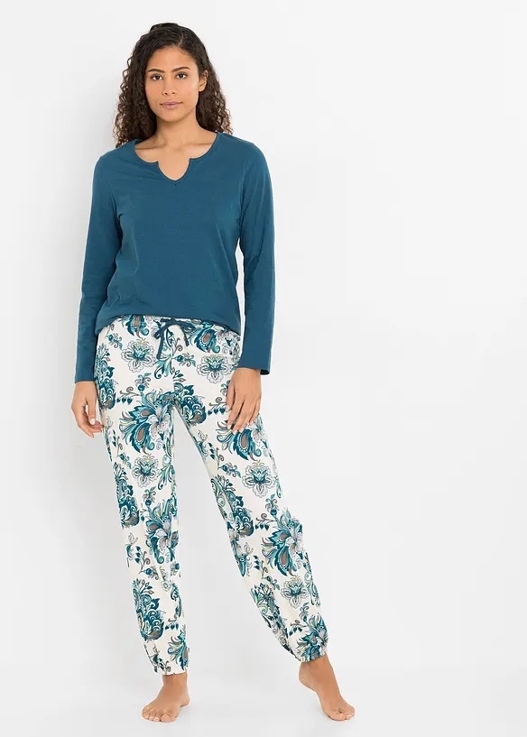 Pyjama aus reiner Bio-Baumwolle in petrol von vorne (Totalaufnahme) - bonprix
