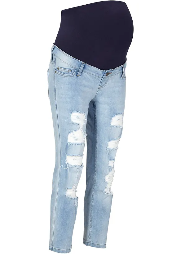 Verkürzte Umstandsjeans mit Destroy-Effekten in blau von vorne - bonprix