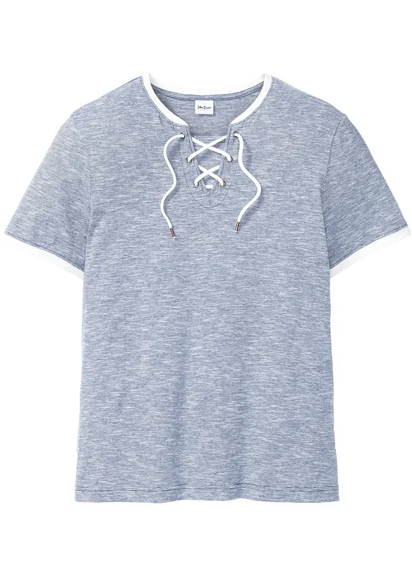 T-Shirt mit Schnürung aus Bio-Baumwolle in blau von vorne - John Baner JEANSWEAR