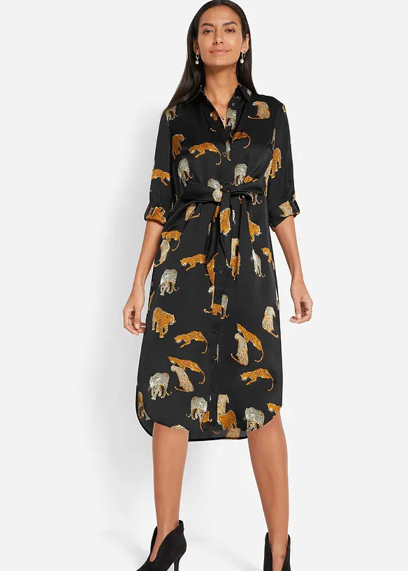 Hemdblusenkleid aus fließendem Satin in schwarz von vorne (Totalaufnahme) - bonprix