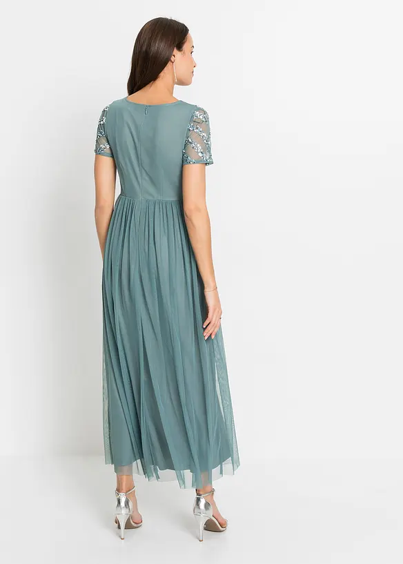 Maxikleid mit Paillettenstickerei in petrol von hinten (Totalaufnahme) - bonprix