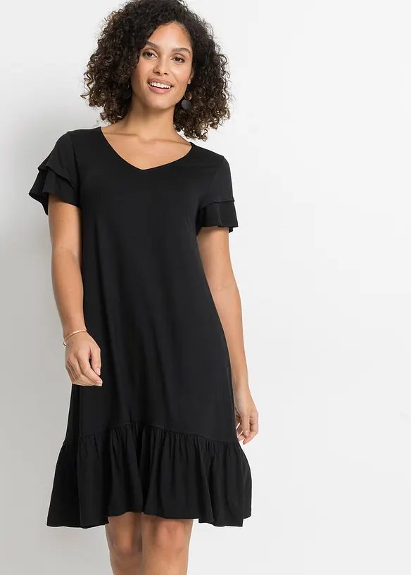 Jerseykleid mit Volant aus Viskose-Mix in schwarz von vorne (Totalaufnahme) - bonprix