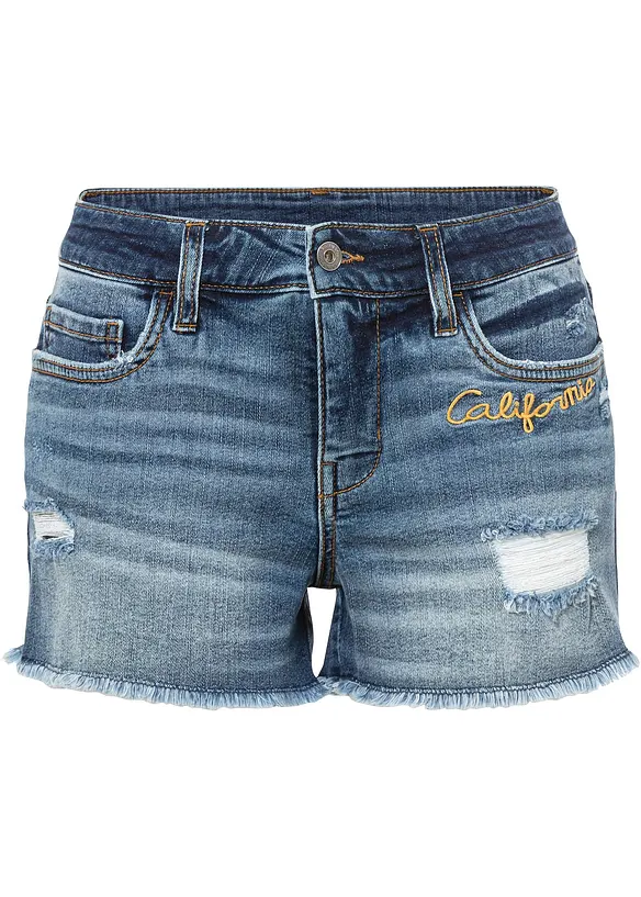 Jeansshorts Mid Waist mit Stickerei in blau von vorne - bonprix