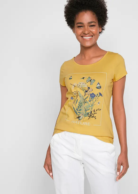 Baumwoll-T-Shirt mit Druck in gelb von vorne (im Anschnitt) - bonprix