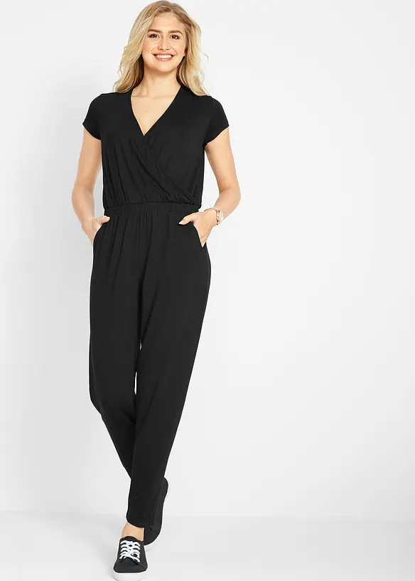 Jersey-Jumpsuit aus Viskose-Mix in schwarz von vorne (Totalaufnahme) - bonprix