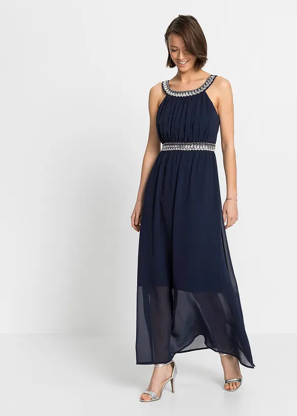 Maxikleid mit Strassstein-Applikation in blau von vorne (Totalaufnahme) - bonprix
