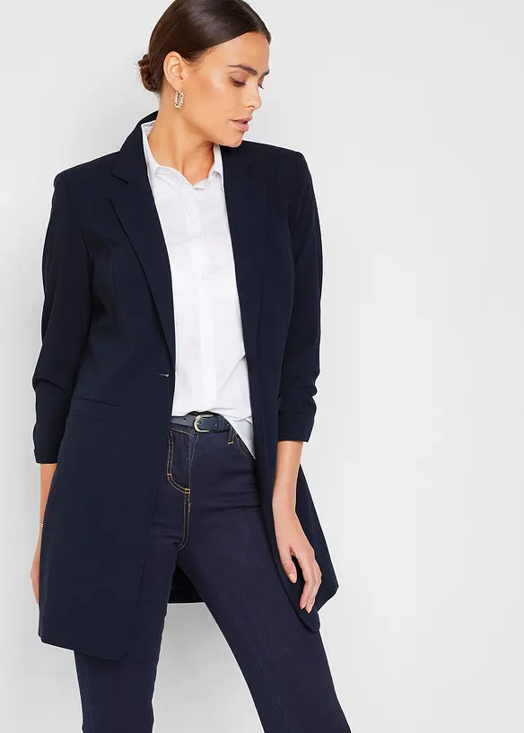 Long-Blazer mit gerafften 3/4-Ärmeln in blau von vorne (im Anschnitt) - bonprix