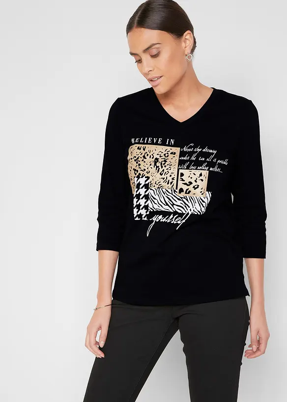 Shirt mit 3/4 Ärmel in schwarz von vorne (im Anschnitt) - bonprix