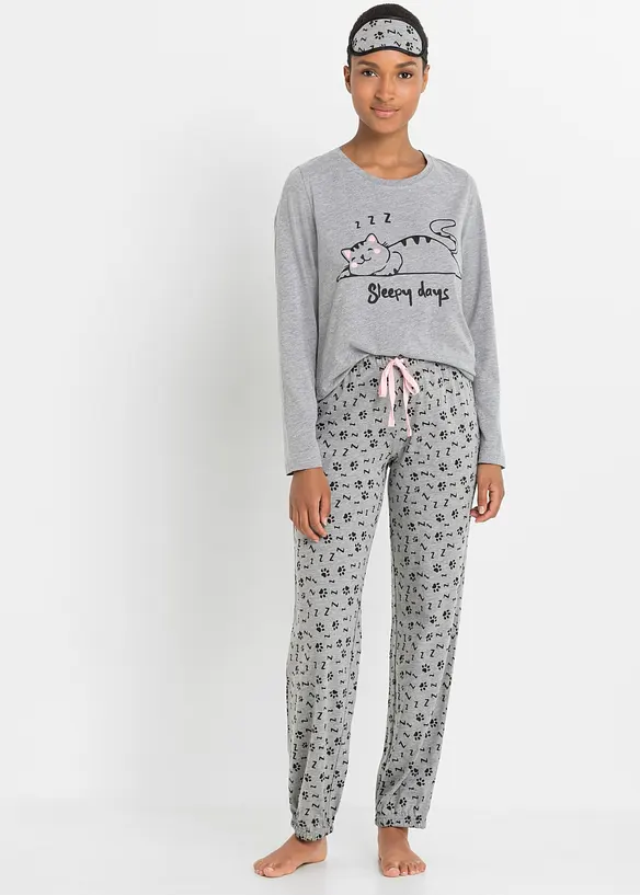 Pyjama mit Schlafmaske in grau von vorne (Totalaufnahme) - bonprix