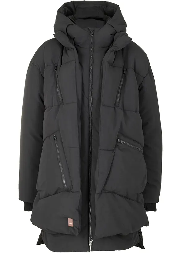 Oversize Winterjacke mit Kapuze aus recyceltem Polyester in schwarz von vorne - bonprix