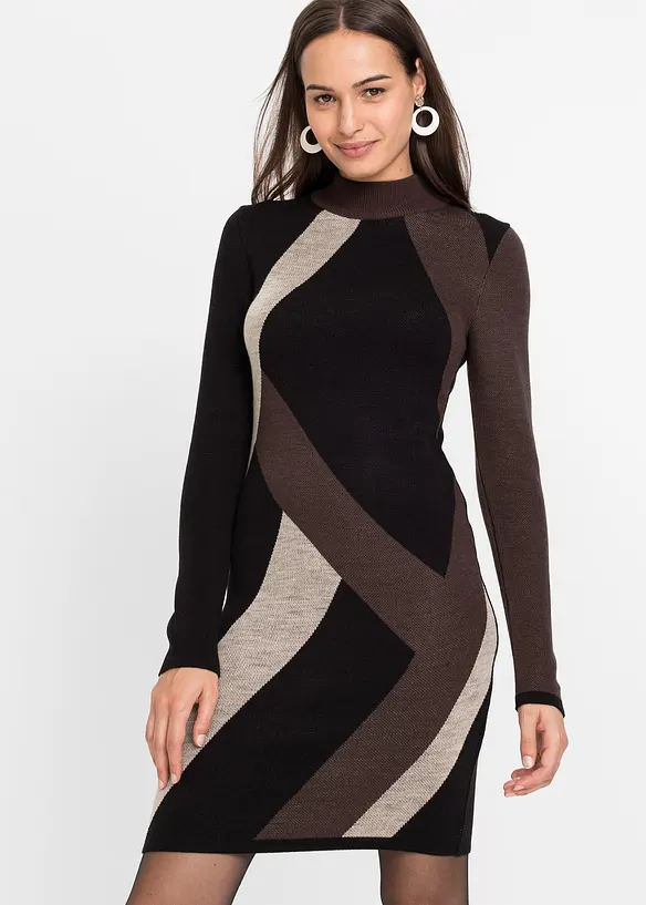 Jacquard-Strickkleid mit modernen Streifen in schwarz von vorne (Totalaufnahme) - bonprix