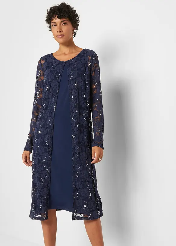 Kleid mit Spitze (2-tlg. Set) in blau von vorne (Totalaufnahme) - bonprix Kleid mit Spitze (2-tlg. Set) in blau von vorne (Totalaufnahme) - bonprix