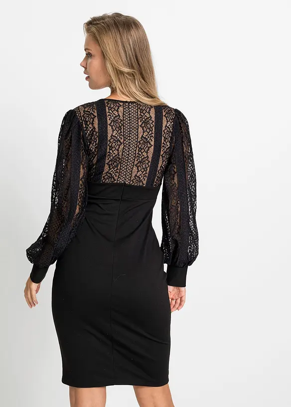 Figurbetontes Midikleid mit Spitze in schwarz von hinten (Totalaufnahme) - bonprix