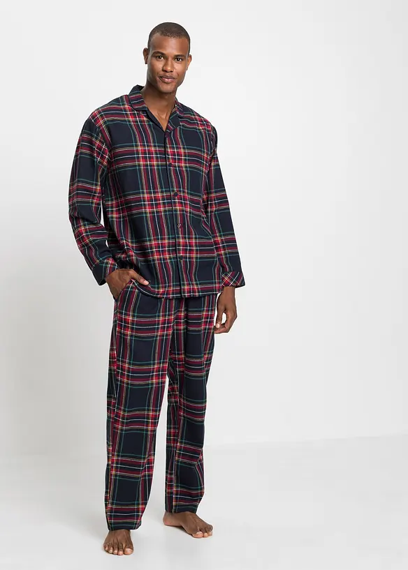 Herren Pyjama aus weichem Flanell mit Knopfleiste in blau von vorne (Totalaufnahme) - bonprix