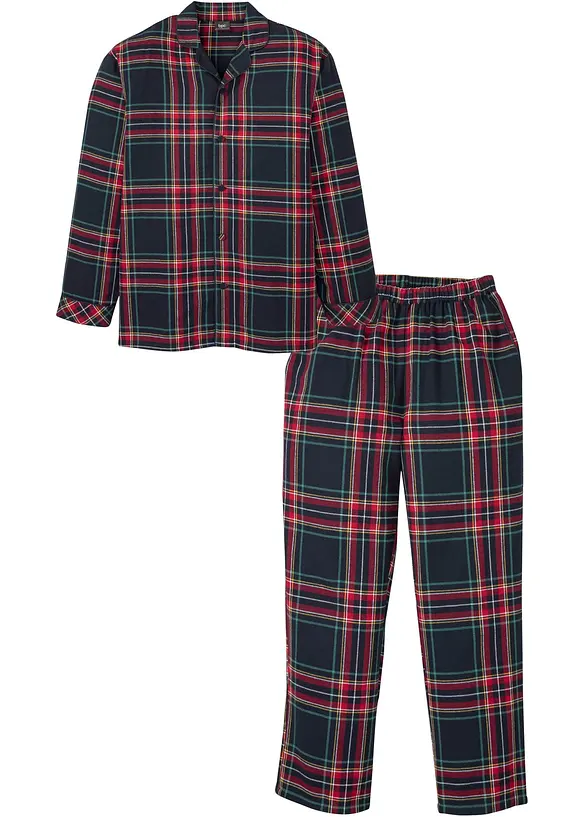 Herren Pyjama aus weichem Flanell mit Knopfleiste in blau von vorne - bonprix
