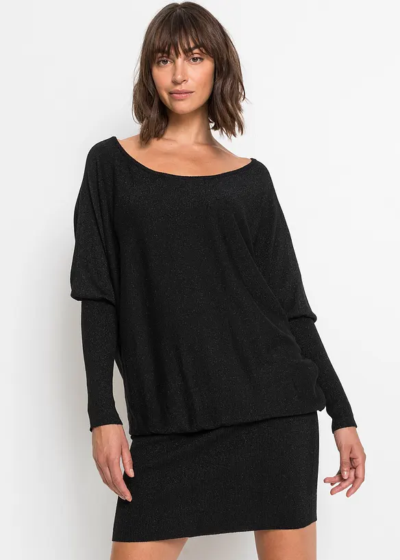 Strickkleid aus fließendem Viskose-Mix in schwarz von vorne (Totalaufnahme) - bonprix