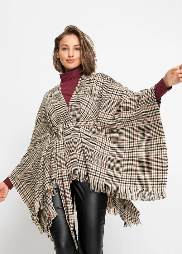karierter Poncho zum Binden in beige von vorne (im Anschnitt) - bonprix