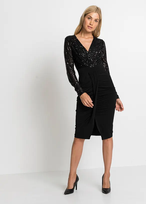 Jerseykleid mit Pailletten und Drapierung in schwarz von vorne (Totalaufnahme) - bonprix Jerseykleid mit Pailletten und Drapierung in schwarz von vorne (Totalaufnahme) - bonprix