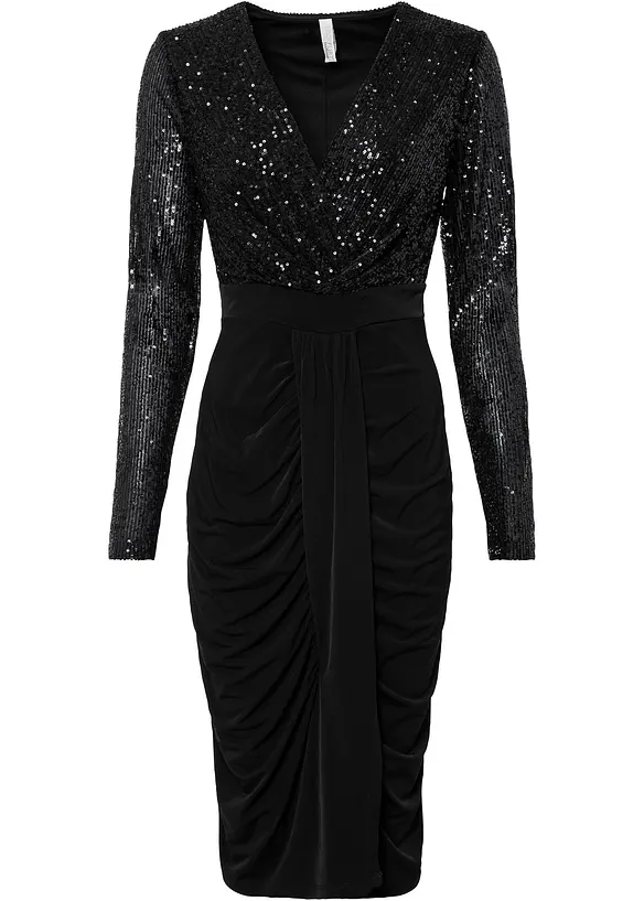 Jerseykleid mit Pailletten und Drapierung in schwarz von vorne - bonprix Jerseykleid mit Pailletten und Drapierung in schwarz von vorne - bonprix