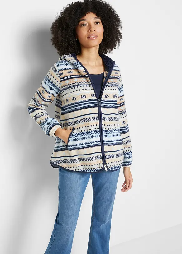 Kapuzen-Fleecejacke mit Norweger-Muster in beige von vorne (im Anschnitt) - bonprix Kapuzen-Fleecejacke mit Norweger-Muster in beige von vorne (im Anschnitt) - bonprix