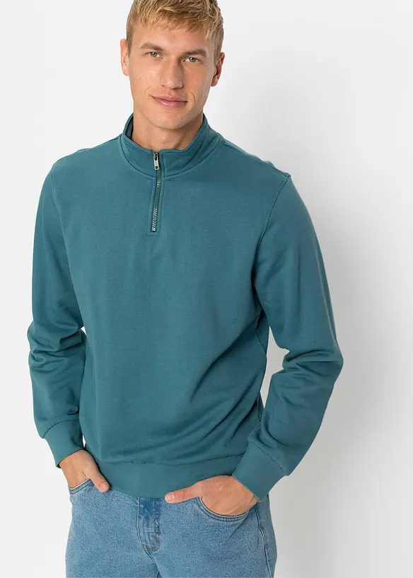 Sweatshirt mit Troyerkragen in petrol von vorne (im Anschnitt) - bonprix