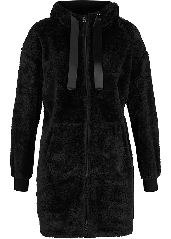 Leichte Loungewear Kuschel-Long-Fleecejacke  mit Kapuze in schwarz von vorne - bonprix