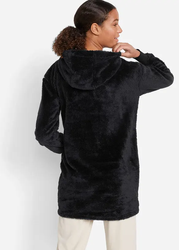 Leichte Loungewear Kuschel-Long-Fleecejacke  mit Kapuze in schwarz von hinten (im Anschnitt) - bonprix