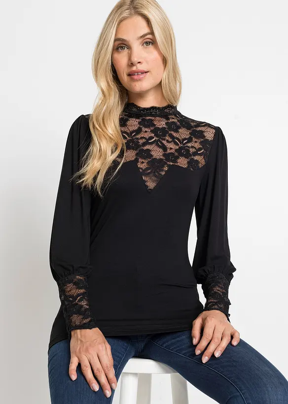 Langarmshirt aus Viskose-Mix in schwarz von vorne (im Anschnitt) - bonprix