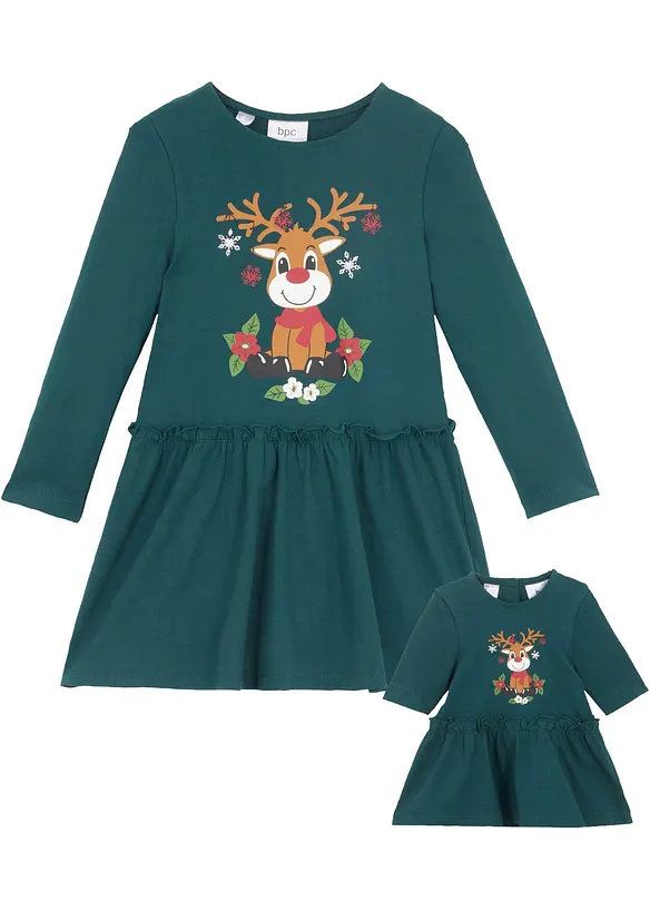 Jerseykleid + Puppenkleid aus reiner Bio-Baumwolle (2-tlg. Set) in grün von vorne - bonprix