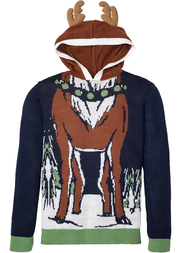 Kapuzen-Pullover mit Weihnachtsmotiv aus recyceltem Polyester in blau von vorne - bonprix