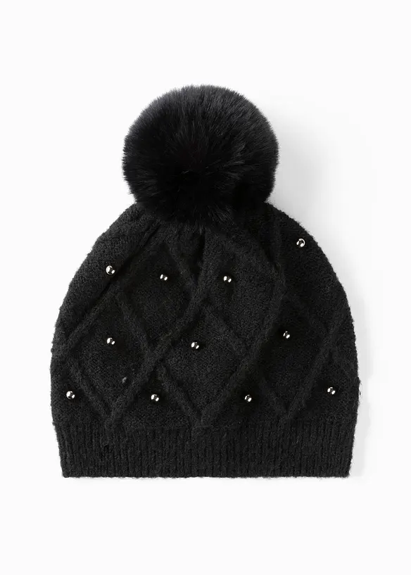Mütze mit Bommel in schwarz von vorne - bonprix