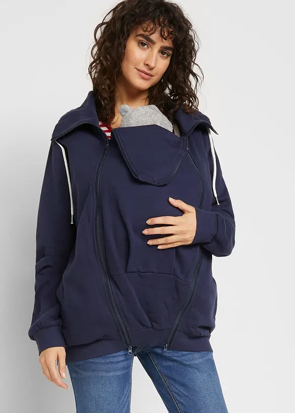 3-in-1 Umstands-Sweatjacke und Tragejacke in blau von vorne (im Anschnitt) - bonprix