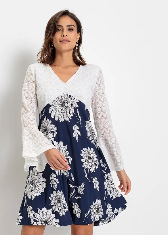 Jerseykleid mit Spitze in beige von vorne (Totalaufnahme) - bonprix