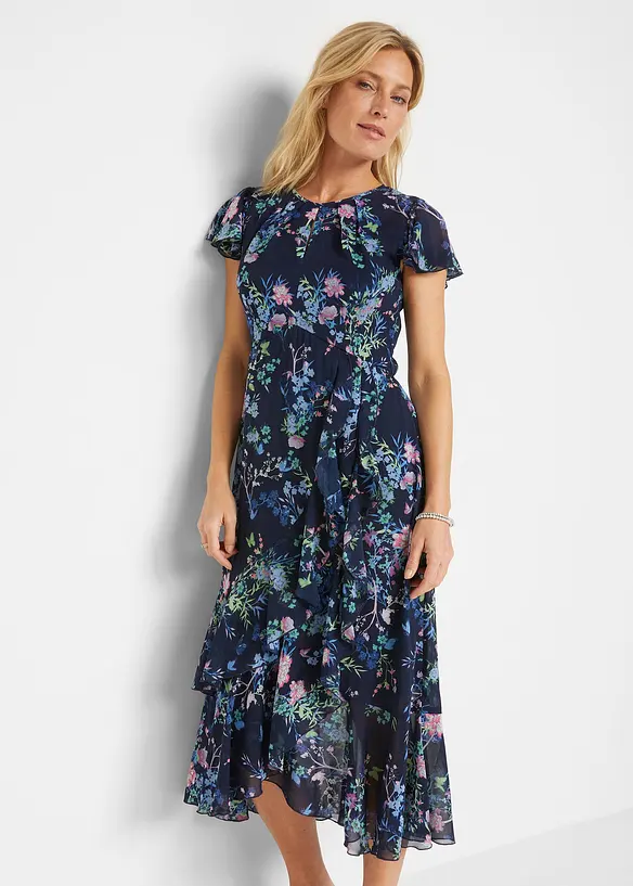 Chiffonkleid mit Flügelärmel in blau von vorne (Totalaufnahme) - bonprix Chiffonkleid mit Flügelärmel in blau von vorne (Totalaufnahme) - bonprix