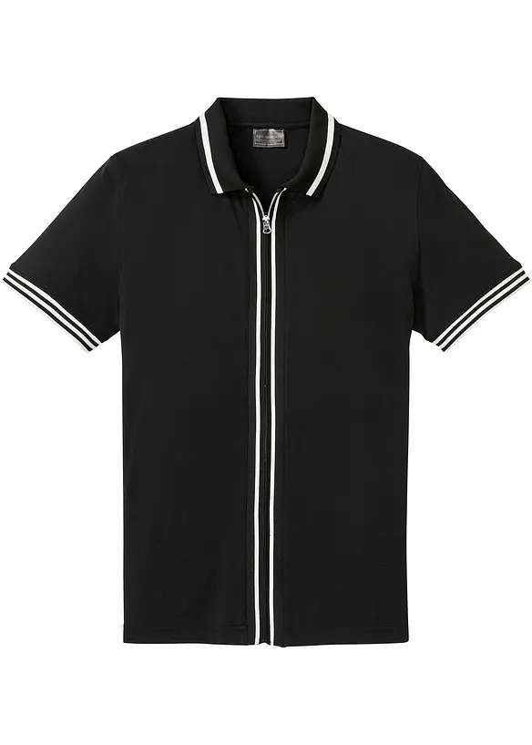 Piqué-Poloshirt mit Reißverschluss in schwarz von vorne - bonprix