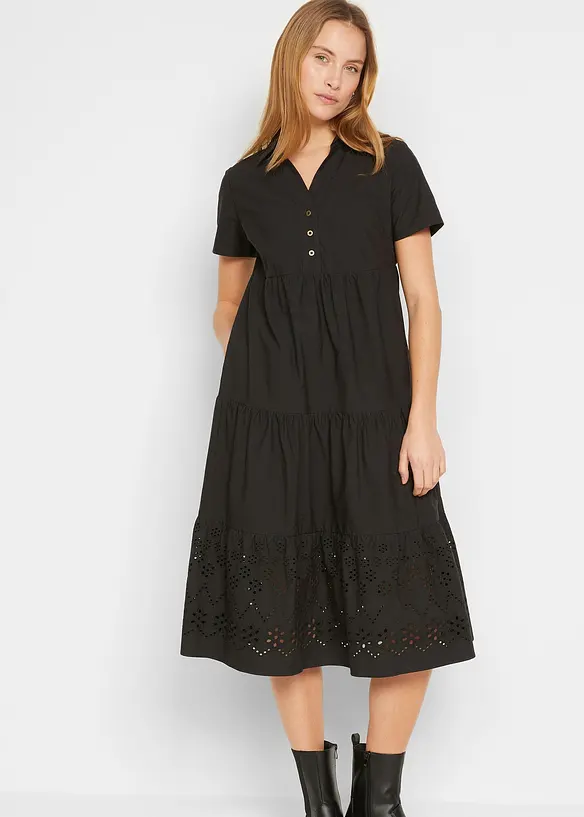 Tunika-Kleid aus reiner Baumwolle mit Lochstickerei in schwarz von vorne (Totalaufnahme) - bonprix