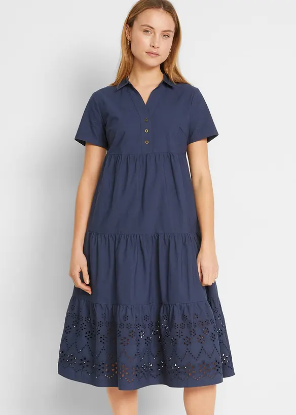 Tunika-Kleid aus reiner Baumwolle mit Lochstickerei in blau von vorne (Totalaufnahme) - bonprix Tunika-Kleid aus reiner Baumwolle mit Lochstickerei in blau von vorne (Totalaufnahme) - bonprix
