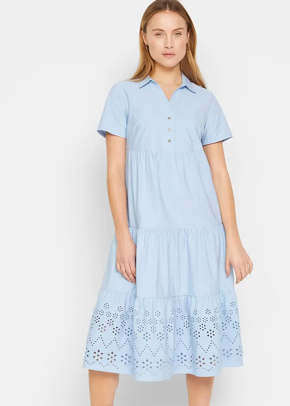 Tunika-Kleid aus reiner Baumwolle mit Lochstickerei in blau von vorne (Totalaufnahme) - bonprix Tunika-Kleid aus reiner Baumwolle mit Lochstickerei in blau von vorne (Totalaufnahme) - bonprix