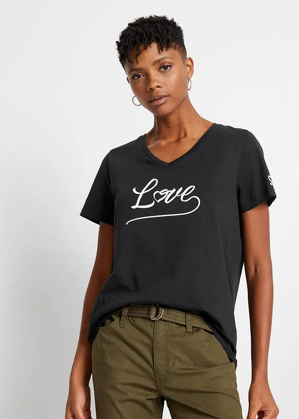 T-Shirt aus reiner Bio-Baumwolle in leicht strukturierter Qualität in schwarz von vorne (im Anschnitt) - bonprix