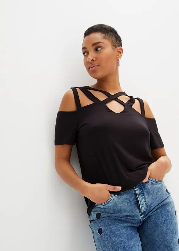 Cold-Shoulder-Shirt aus softer Viskose in schwarz von vorne (im Anschnitt) - bonprix
