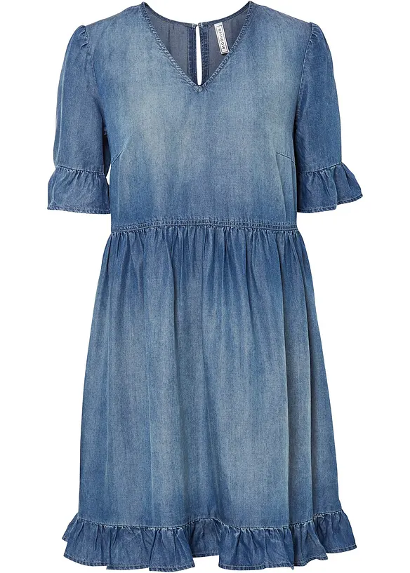 Jeanskleid mit Volants in blau von vorne - bonprix