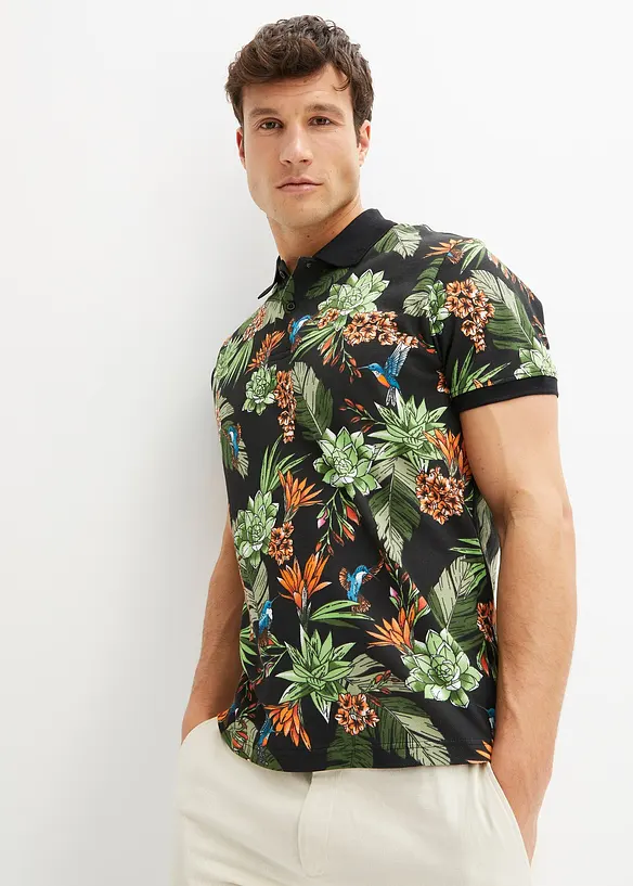 Piqué-Poloshirt aus reiner Baumwolle in schwarz von vorne (im Anschnitt) - bonprix