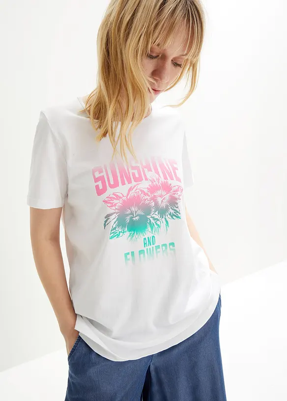 Baumwoll-Shirt mit Druck, Kurzarm in weiß von vorne (im Anschnitt) - bonprix